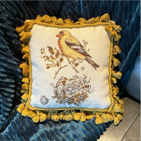 Wool Needle Point Pillow with Tassel Fringe-Song Bird with Nest-Beige/Tan - Picture 13 of 13